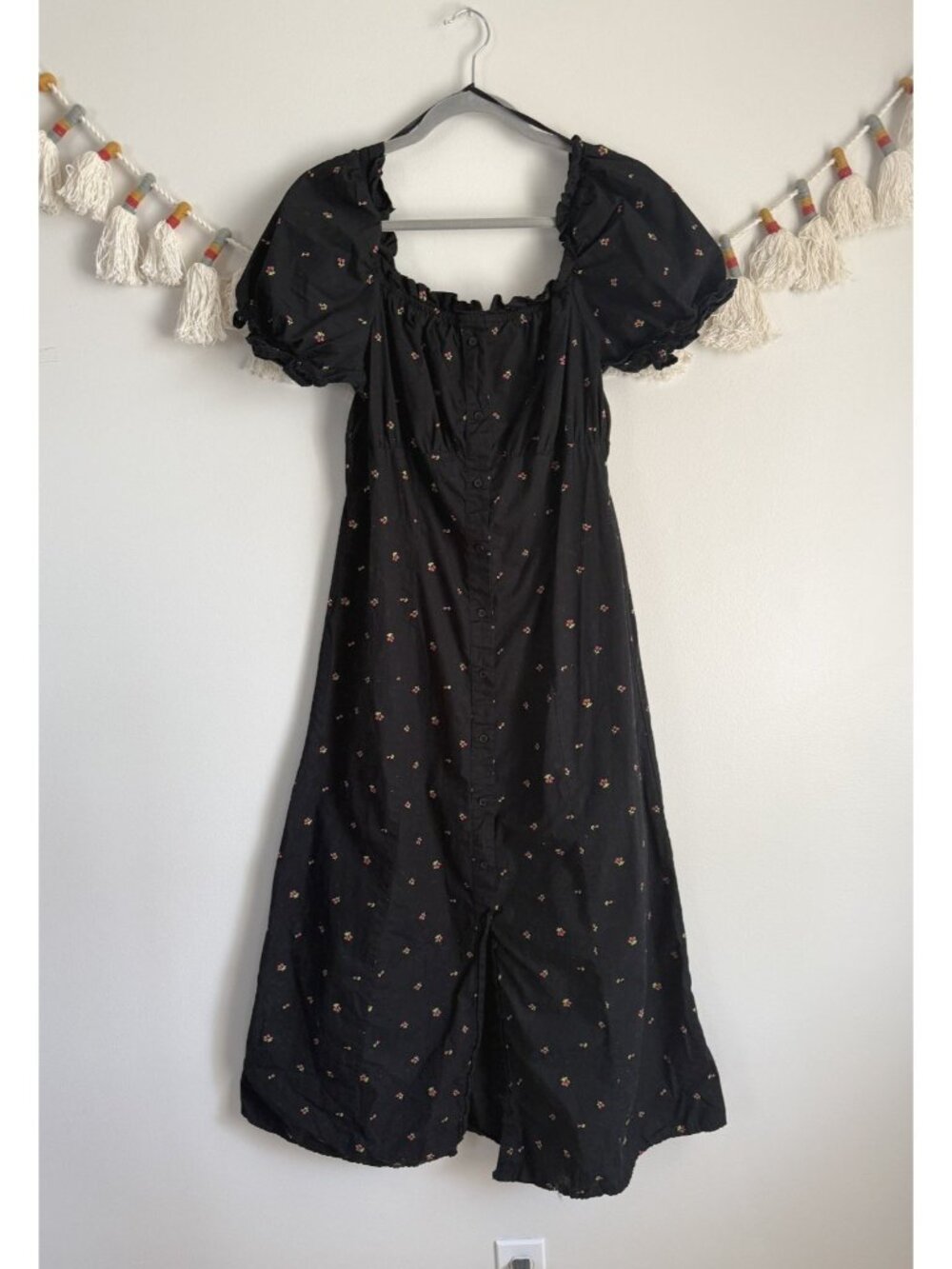 JDY Milkmaid Black Cherry Puff Sleeve Button Front Midi Dress Coquette Dainty M